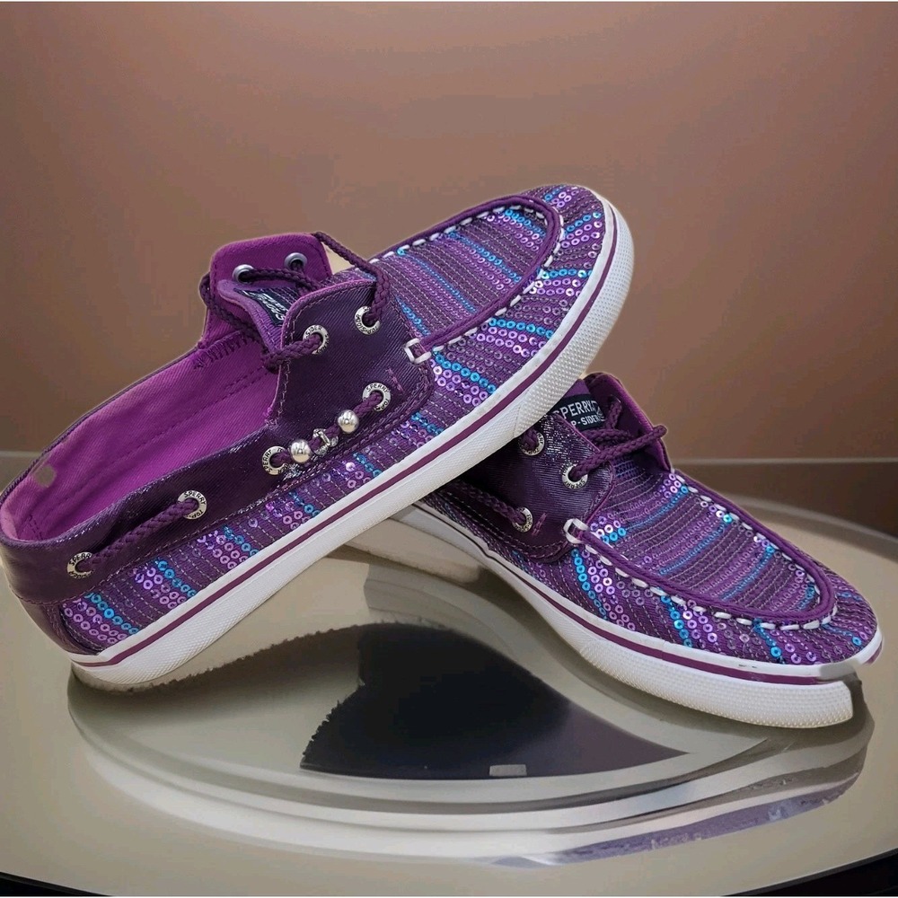 Sperry Top Sider BAHAMA Plum Purple Sequin Boat Shoes Sz 5M Festival